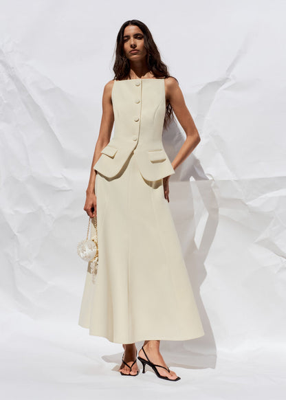 Sarı Krep Peplum Midi Elbise