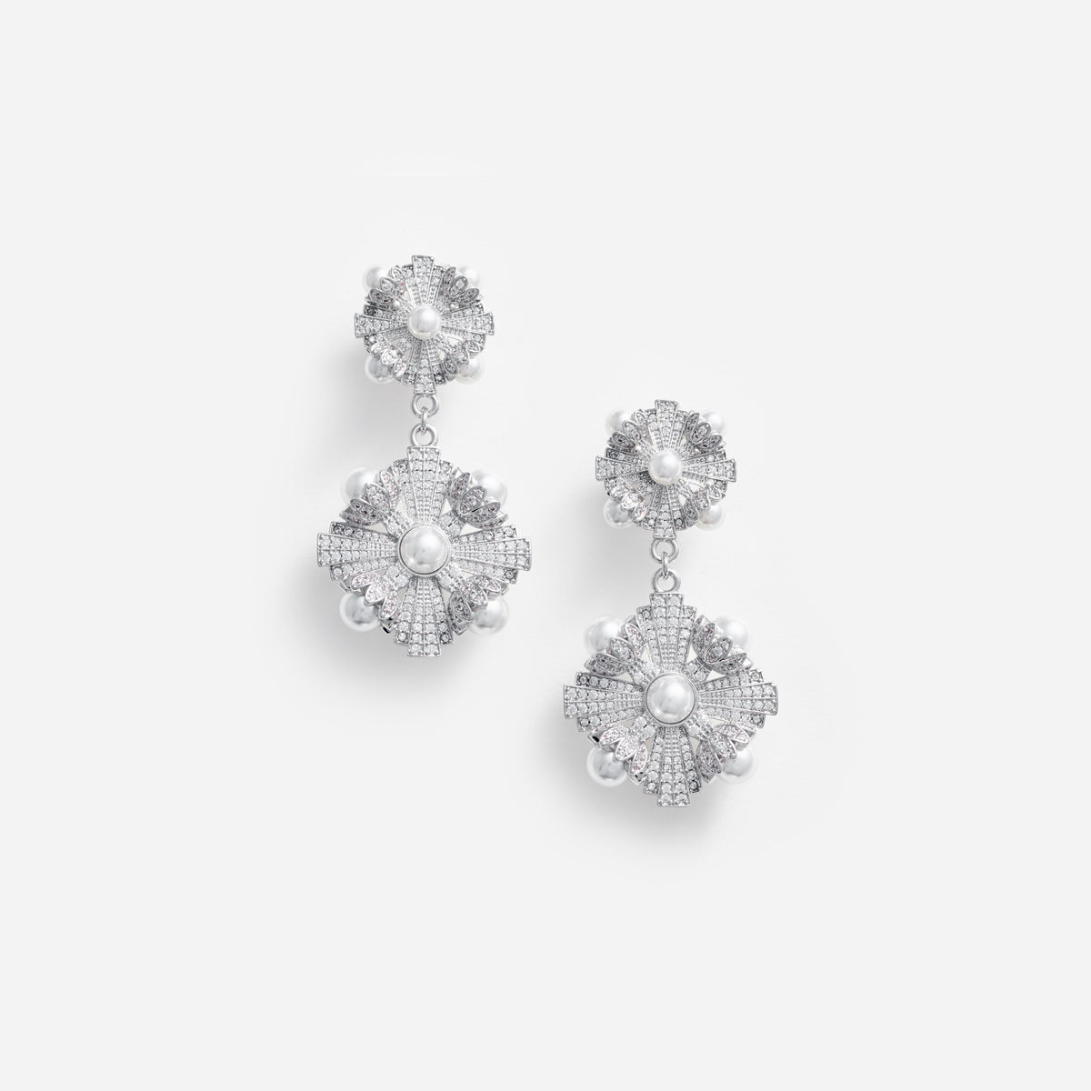 Gümüş Kristal ve İnci Detaylı Katlı Küpe