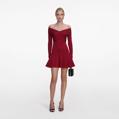 Bordo Büzgü Detaylı Triko Mini Elbise
