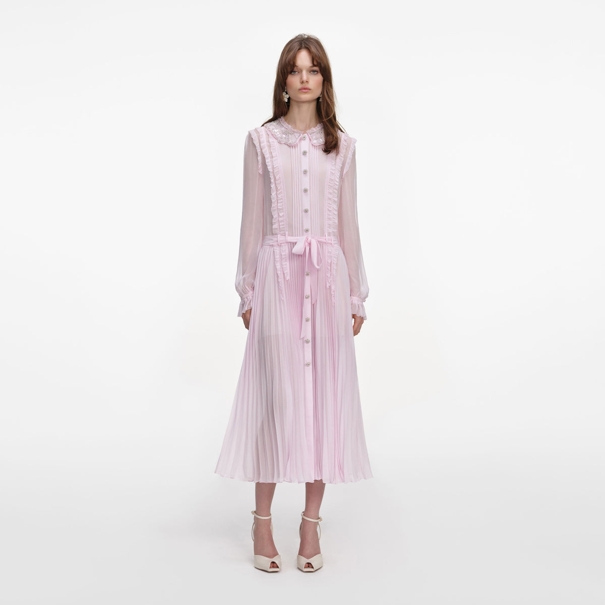 Pembe Pilili Jorjet Midi Elbise