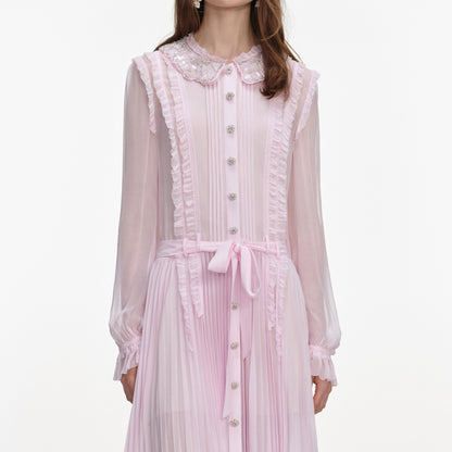 Pembe Pilili Jorjet Midi Elbise