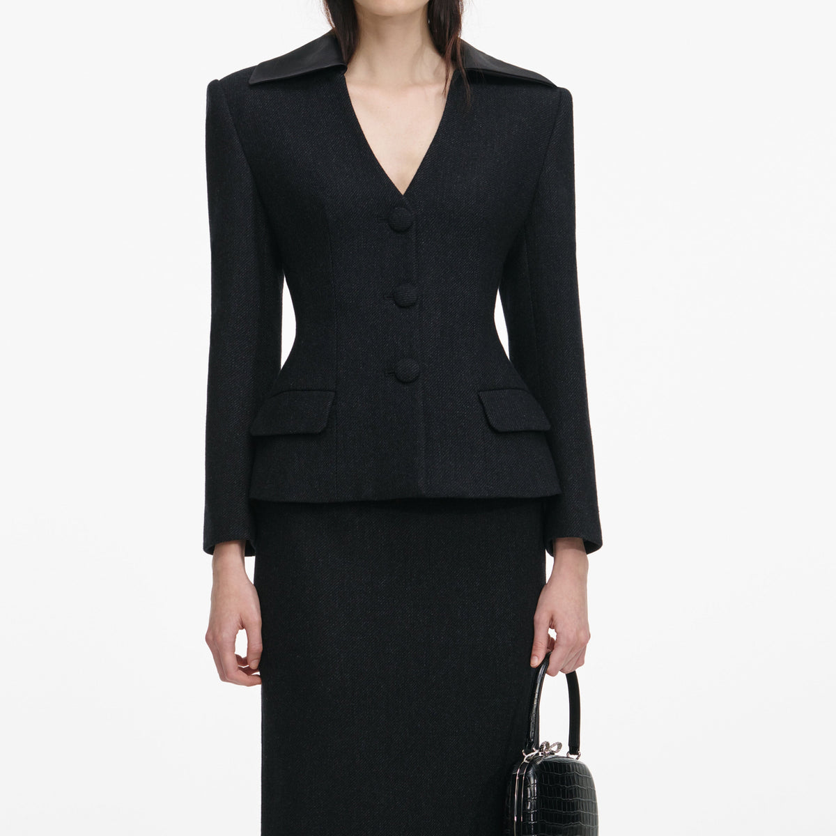 Siyah Yün Karışımlı Blazer Detaylı Midi Elbise