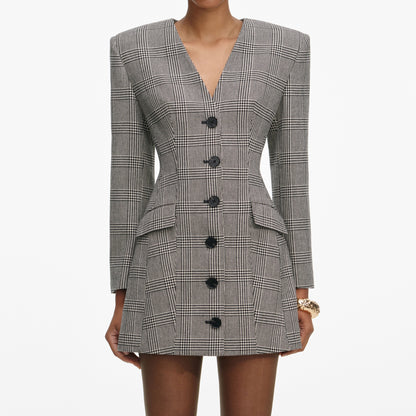 Monokrom Ekose Blazer Mini Elbise