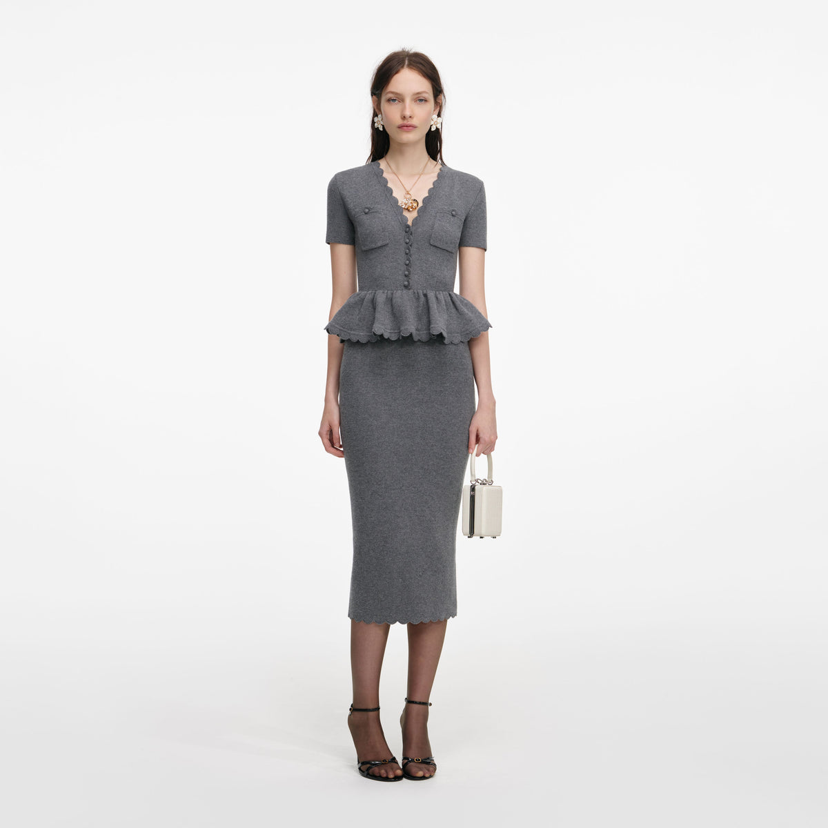 Gri Peplum Triko Midi Elbise