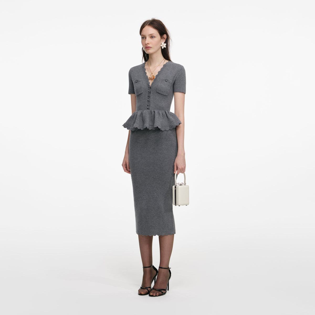 Gri Peplum Triko Midi Elbise