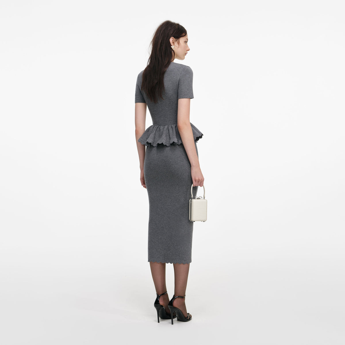 Gri Peplum Triko Midi Elbise