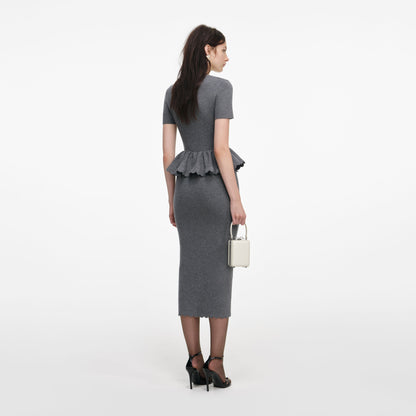 Gri Peplum Triko Midi Elbise
