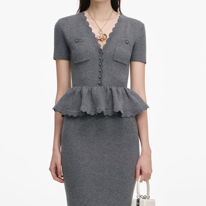 Gri Peplum Triko Midi Elbise