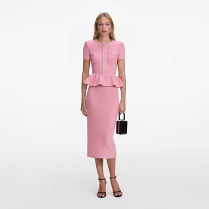 Pembe Peplum Detaylı Triko Midi Elbise
