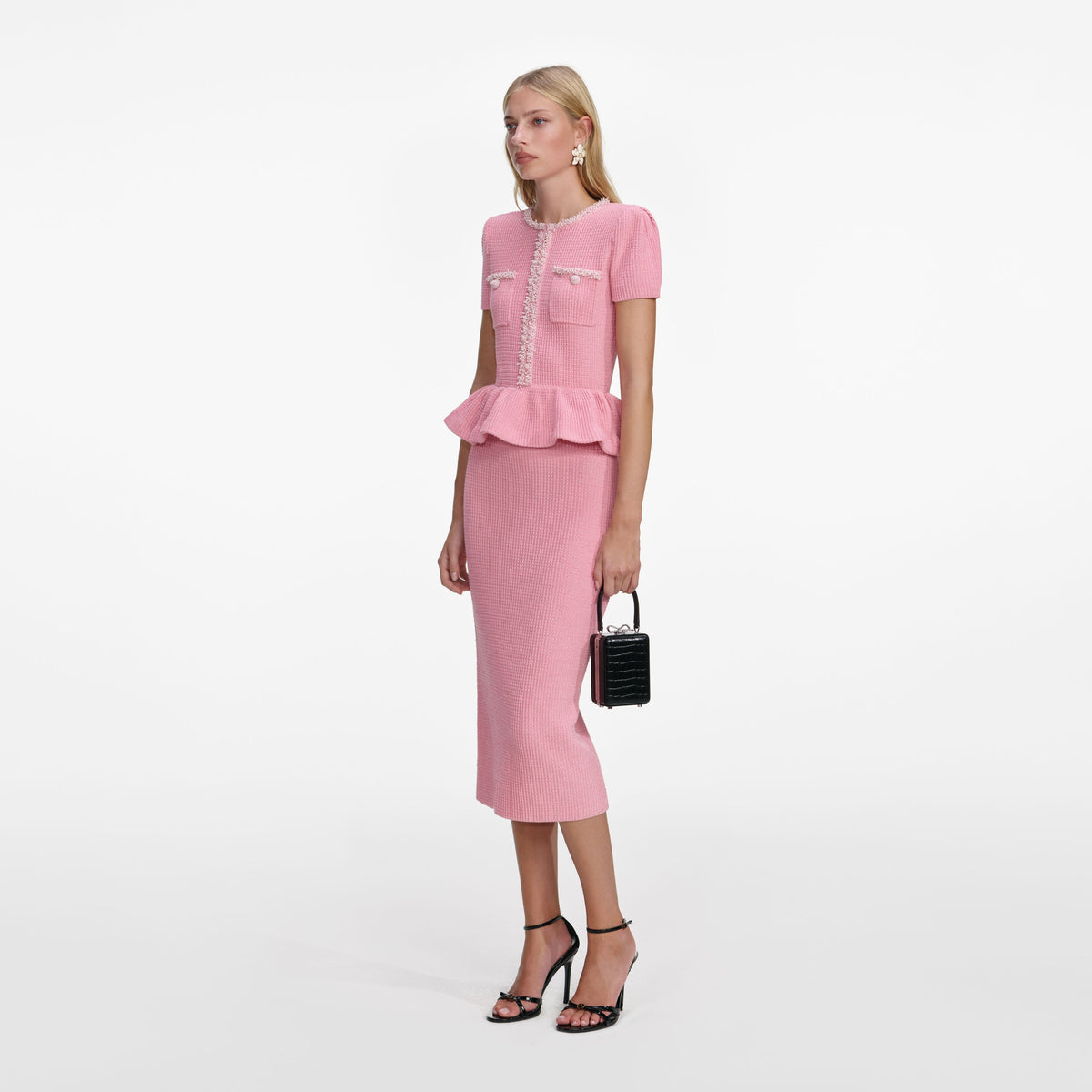 Pembe Peplum Detaylı Triko Midi Elbise