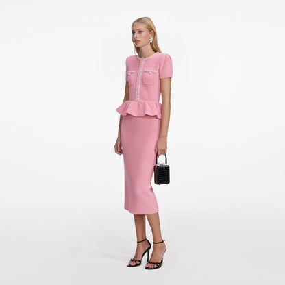 Pembe Peplum Detaylı Triko Midi Elbise