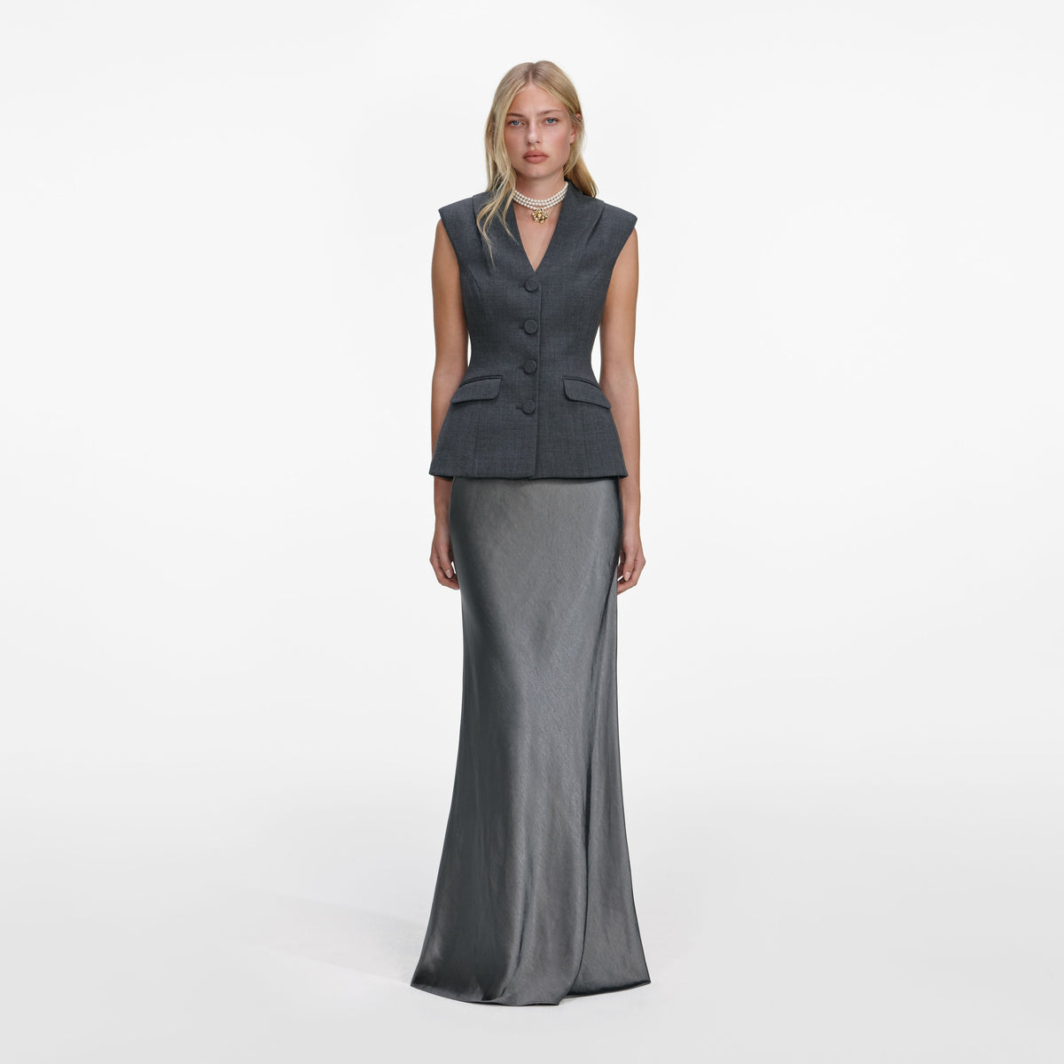 Gri Yün ve Saten Peplum Detaylı Maksi Elbise