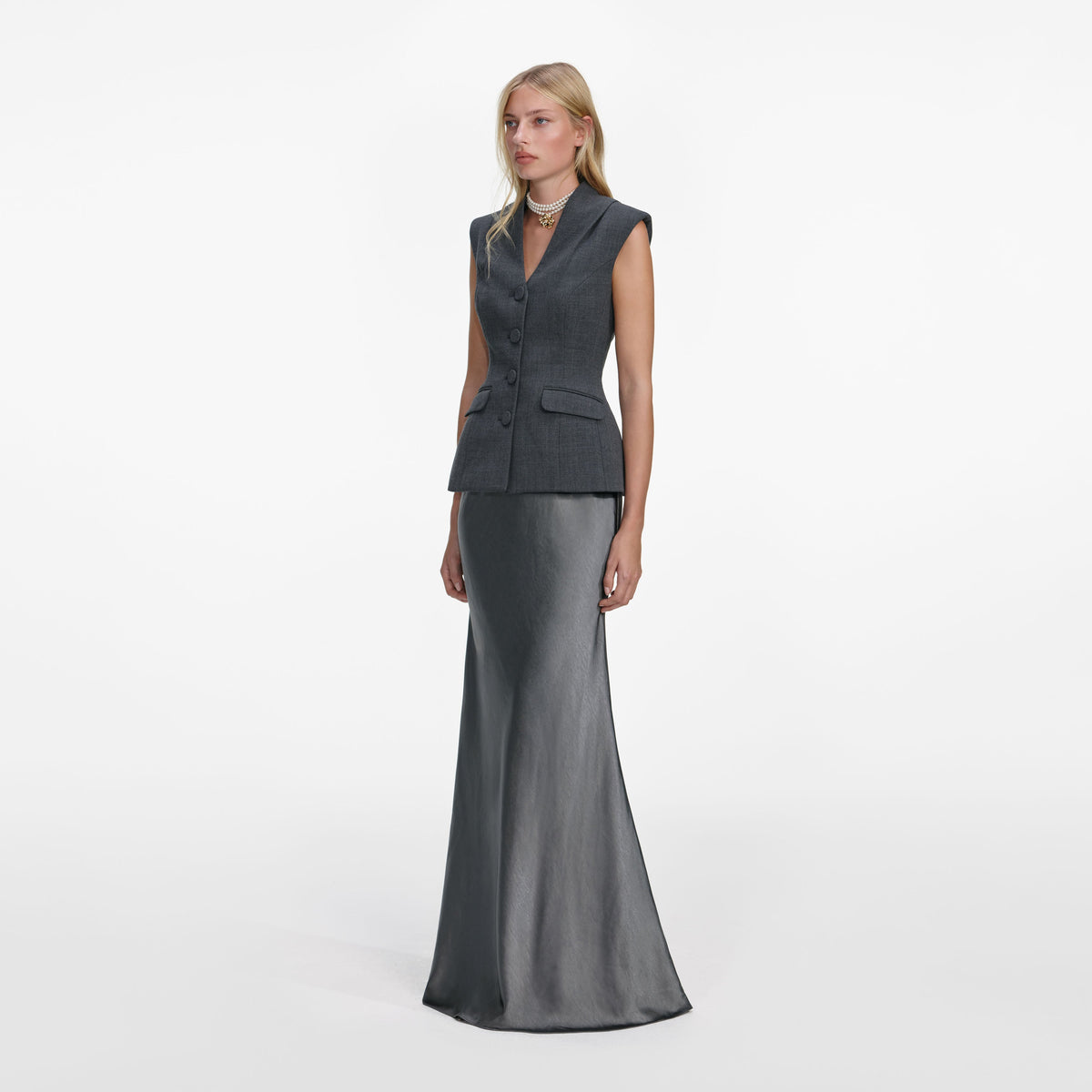 Gri Yün ve Saten Peplum Detaylı Maksi Elbise