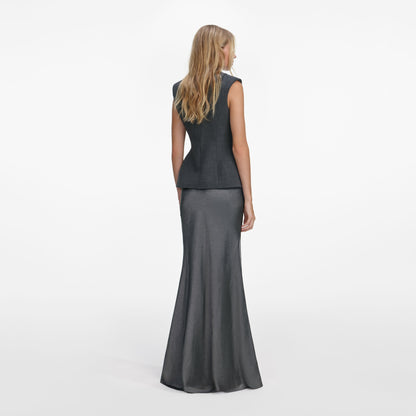 Gri Yün ve Saten Peplum Detaylı Maksi Elbise