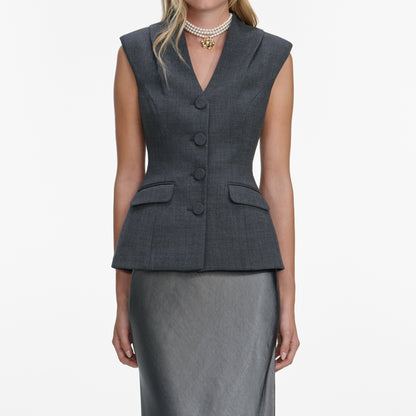 Gri Yün ve Saten Peplum Detaylı Maksi Elbise