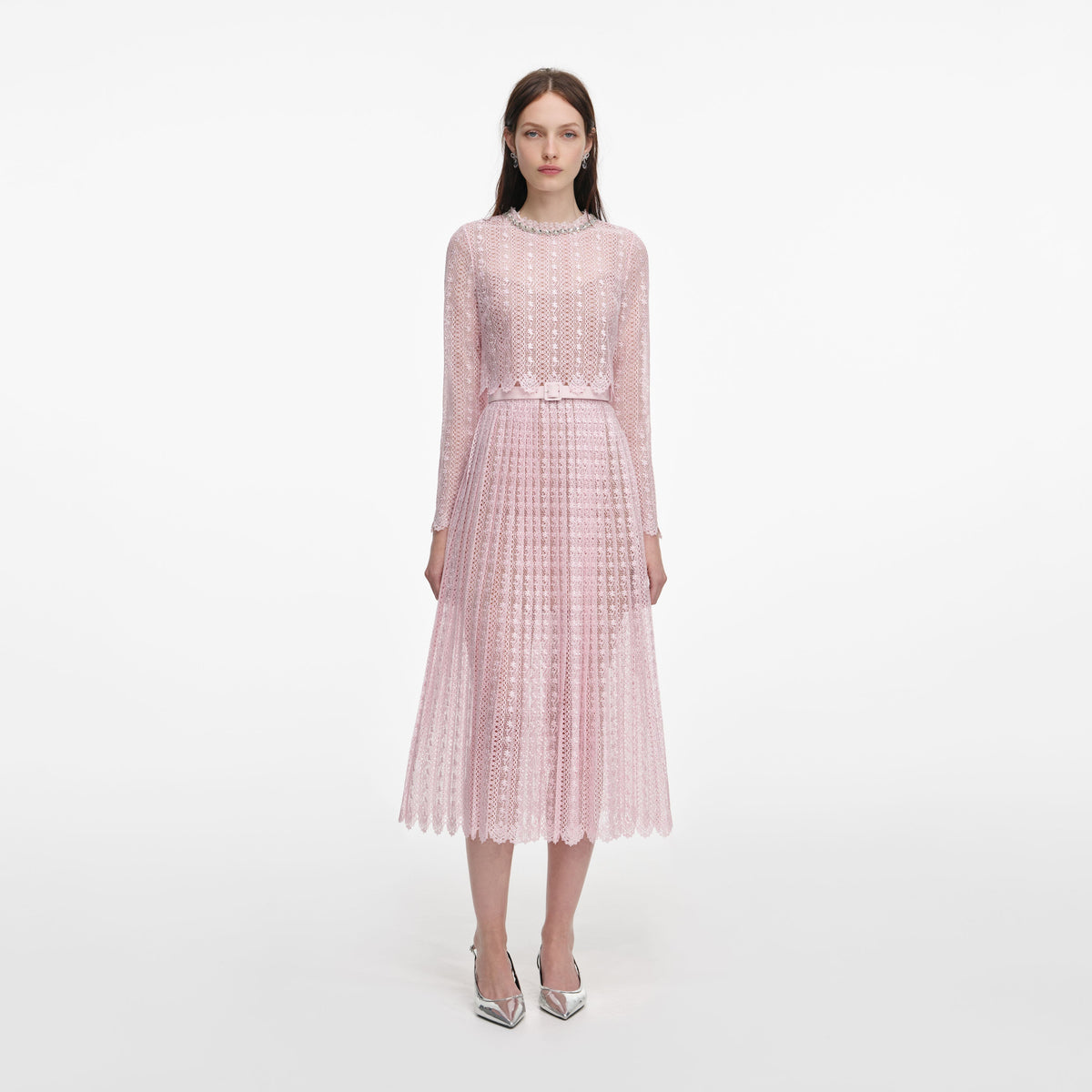 Pembe Organze Dantel Midi Elbise