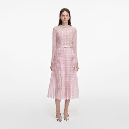 Pembe Organze Dantel Midi Elbise