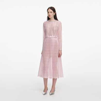 Pembe Organze Dantel Midi Elbise