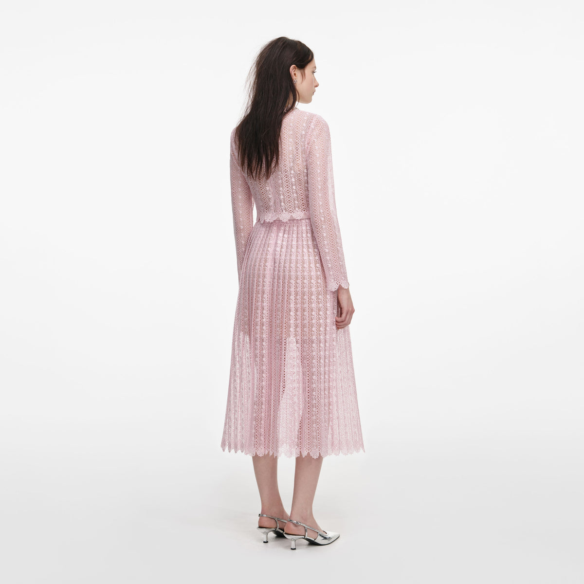Pembe Organze Dantel Midi Elbise