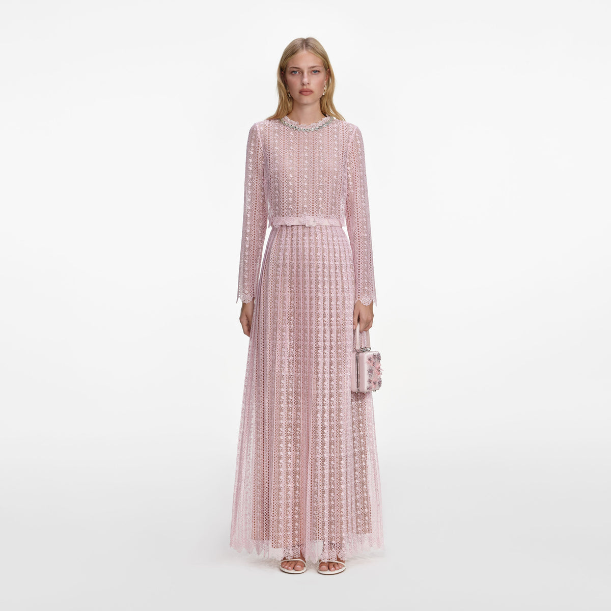 Pembe Organze Dantel Detaylı Maxi Elbise