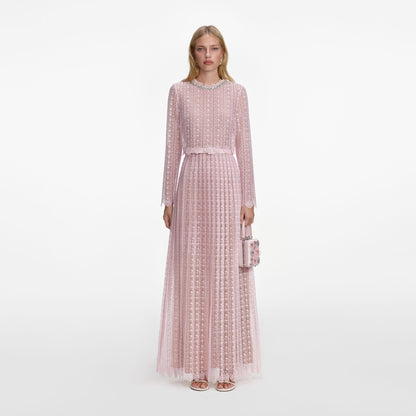 Pembe Organze Dantel Detaylı Maxi Elbise