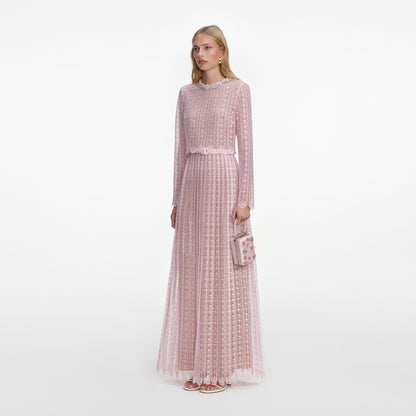 Pembe Organze Dantel Detaylı Maxi Elbise