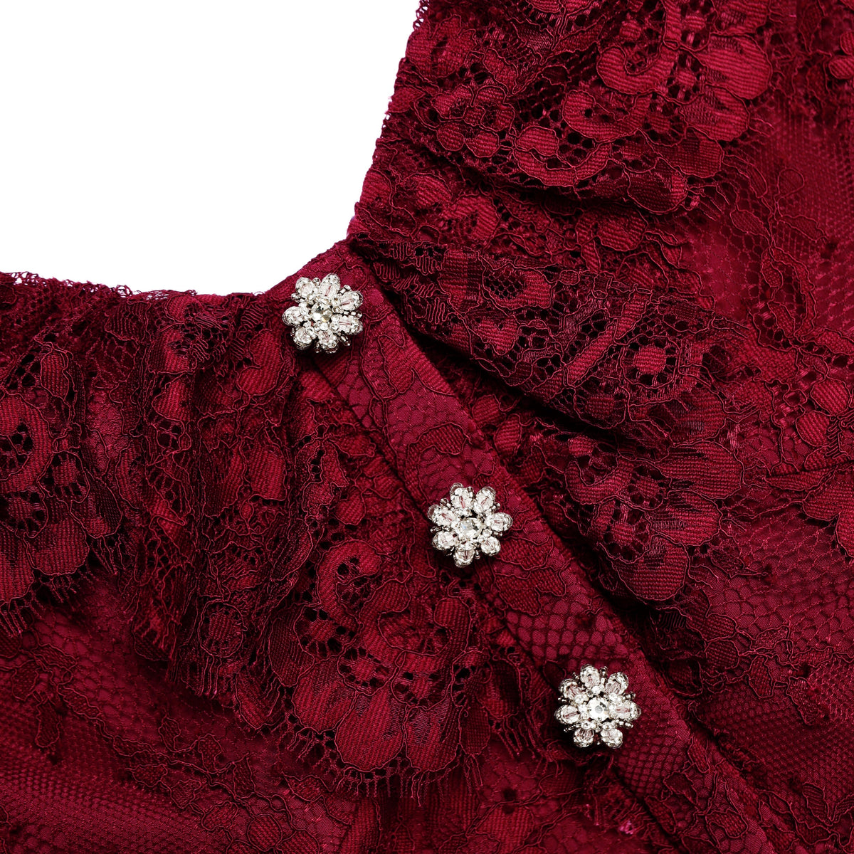 Bordo Dantel ve Fırfır Detaylı Maksi Elbise