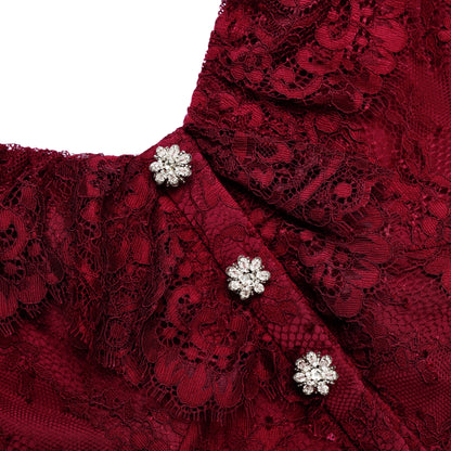 Bordo Dantel ve Fırfır Detaylı Maksi Elbise
