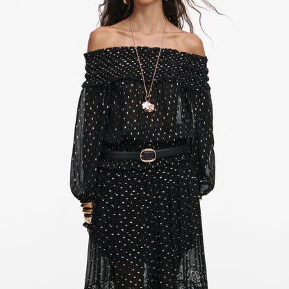 Siyah ve Altın Şifon Dantel Detaylı Maksi Etek