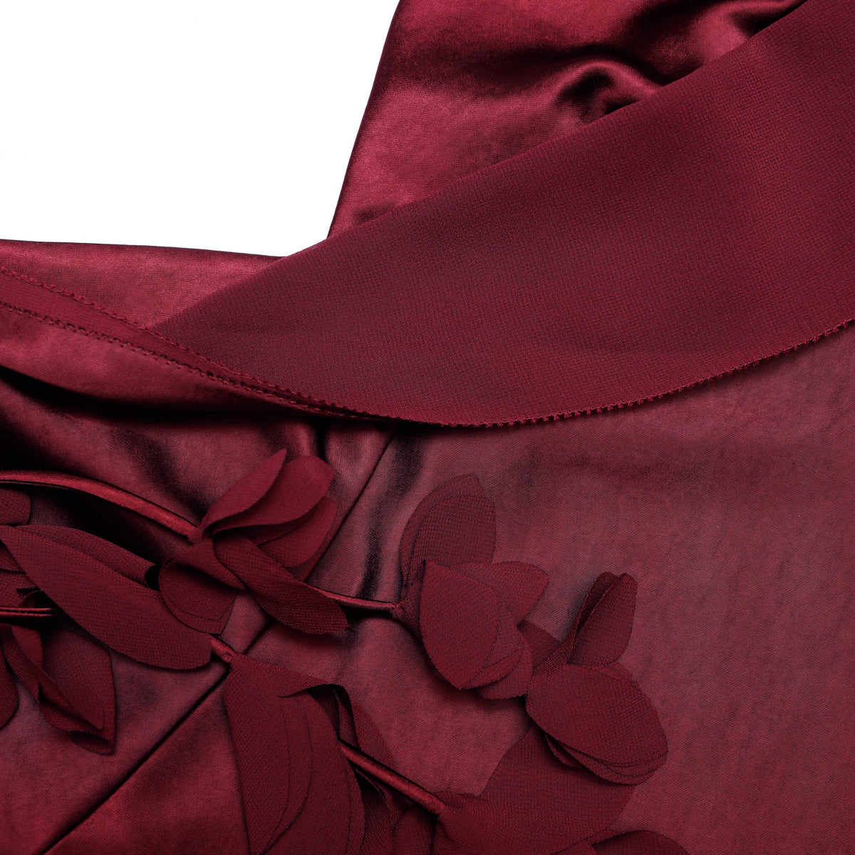 Bordo Saten Çiçek Detaylı Midi Elbise