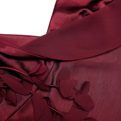 Bordo Saten Çiçek Detaylı Midi Elbise