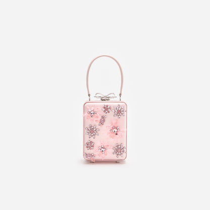 Pembe Çiçek Boncuklu Saten Mikro Çanta