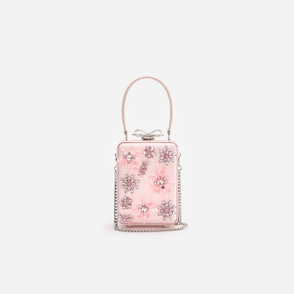 Pembe Çiçek Boncuklu Saten Mikro Çanta