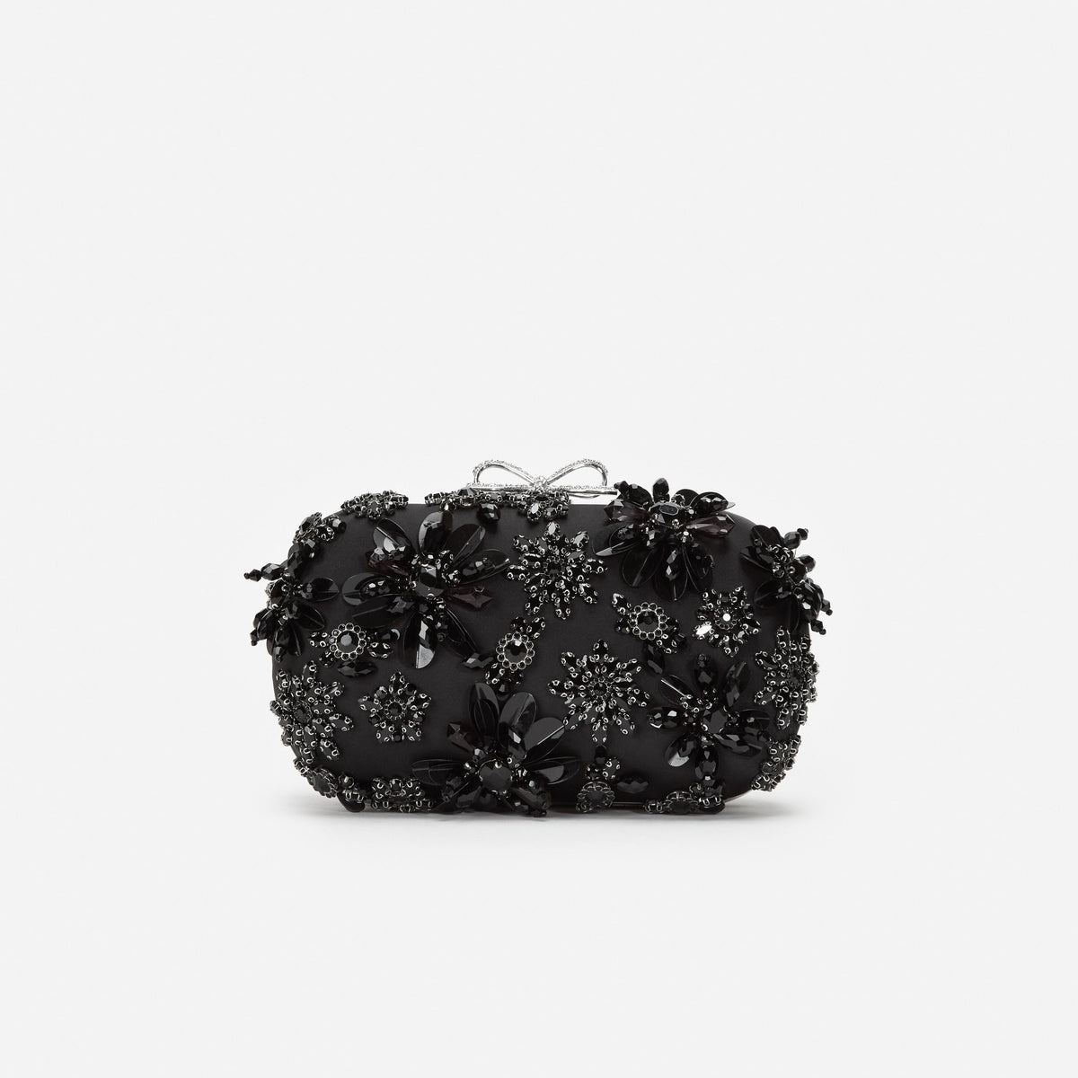 Siyah Saten Çiçek ve Kristal Detaylı Clutch Çanta
