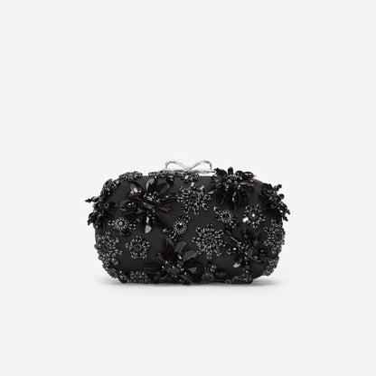Siyah Saten Çiçek ve Kristal Detaylı Clutch Çanta