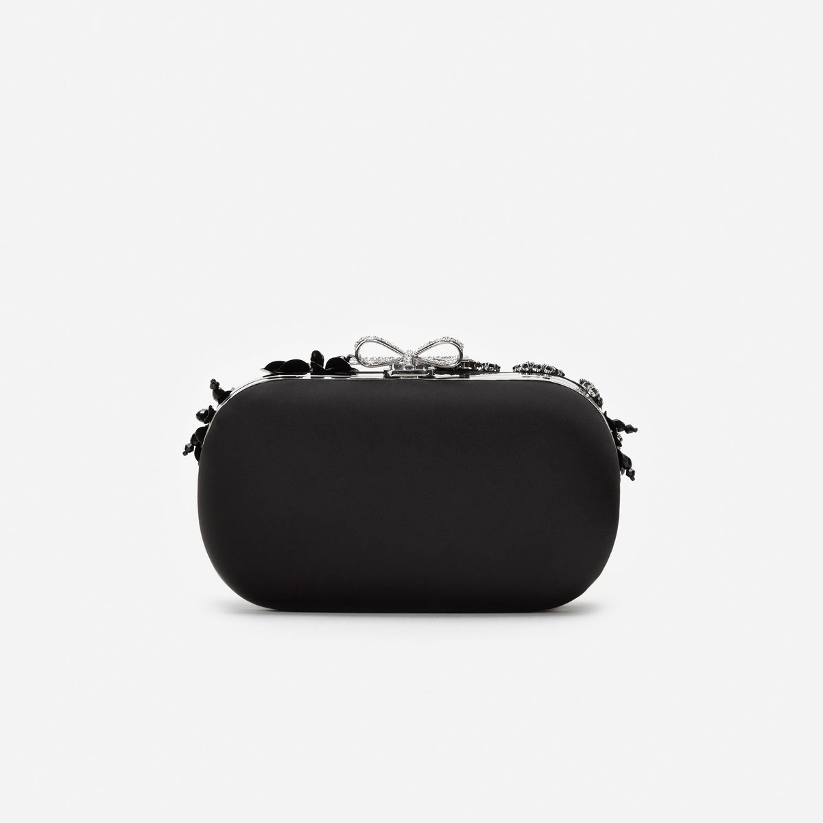 Siyah Saten Çiçek ve Kristal Detaylı Clutch Çanta