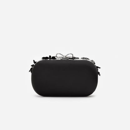 Siyah Saten Çiçek ve Kristal Detaylı Clutch Çanta