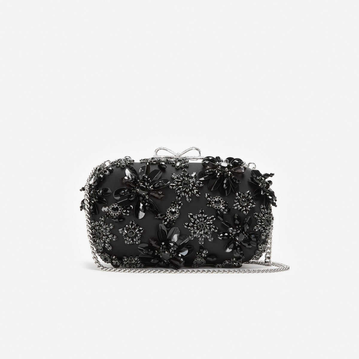 Siyah Saten Çiçek ve Kristal Detaylı Clutch Çanta