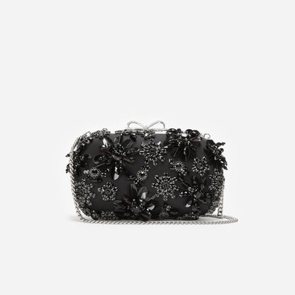 Siyah Saten Çiçek ve Kristal Detaylı Clutch Çanta