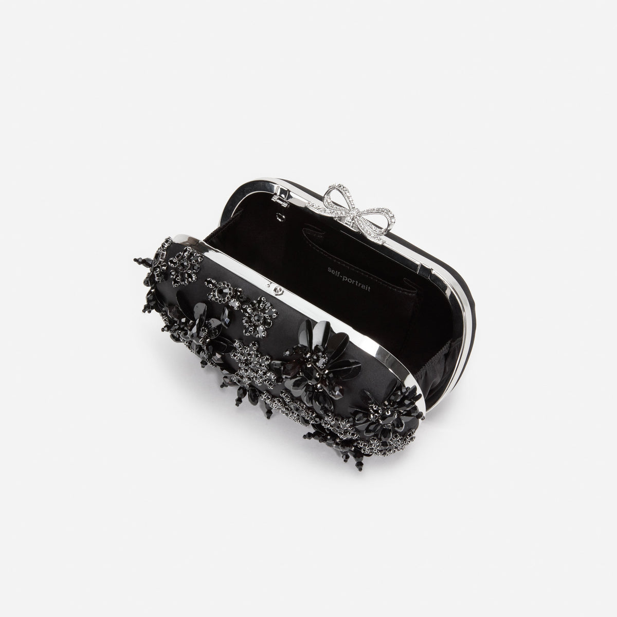 Siyah Saten Çiçek ve Kristal Detaylı Clutch Çanta