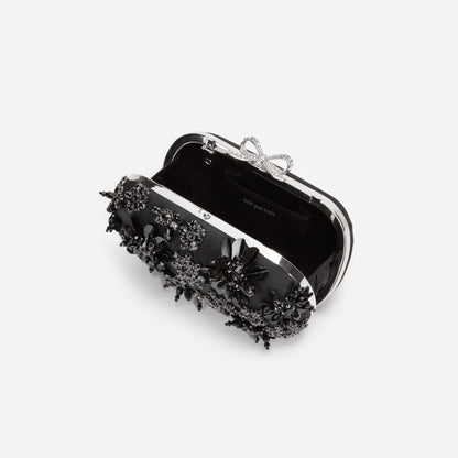 Siyah Saten Çiçek ve Kristal Detaylı Clutch Çanta