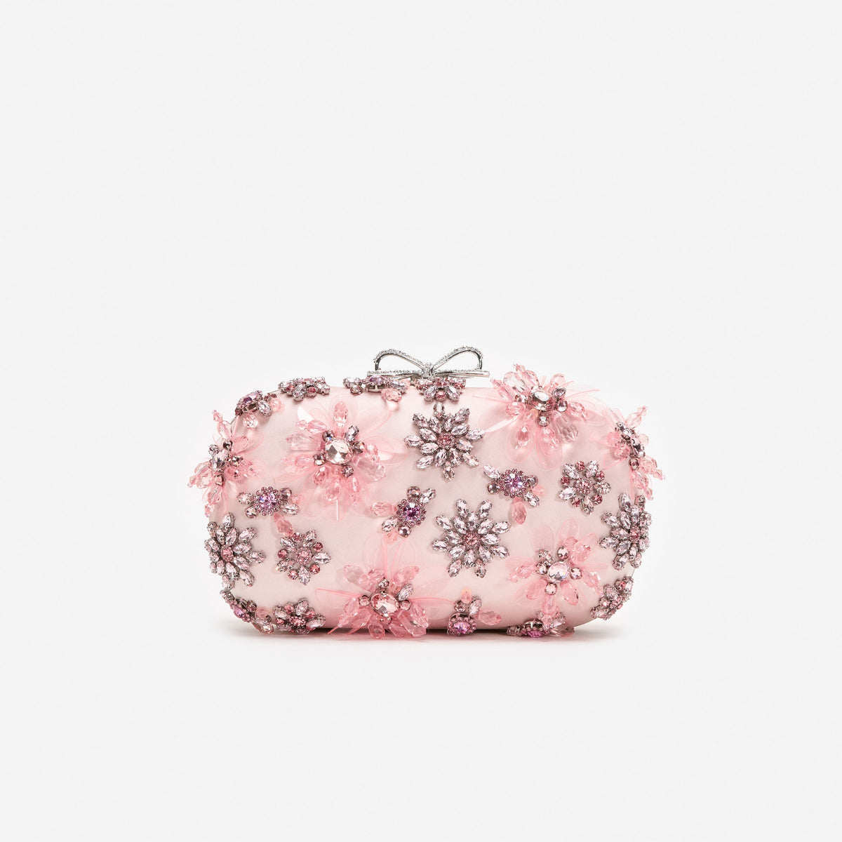 Pembe Saten Kristal Çiçekli Mini Clutch Çanta