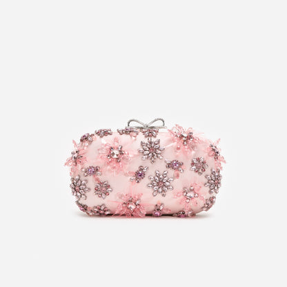Pembe Saten Kristal Çiçekli Mini Clutch Çanta