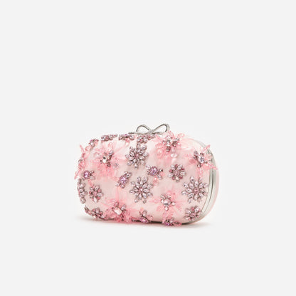 Pembe Saten Kristal Çiçekli Mini Clutch Çanta
