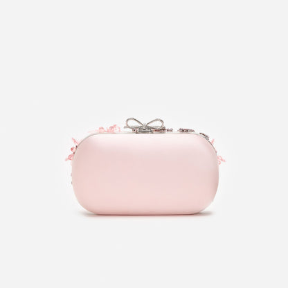 Pembe Saten Kristal Çiçekli Mini Clutch Çanta