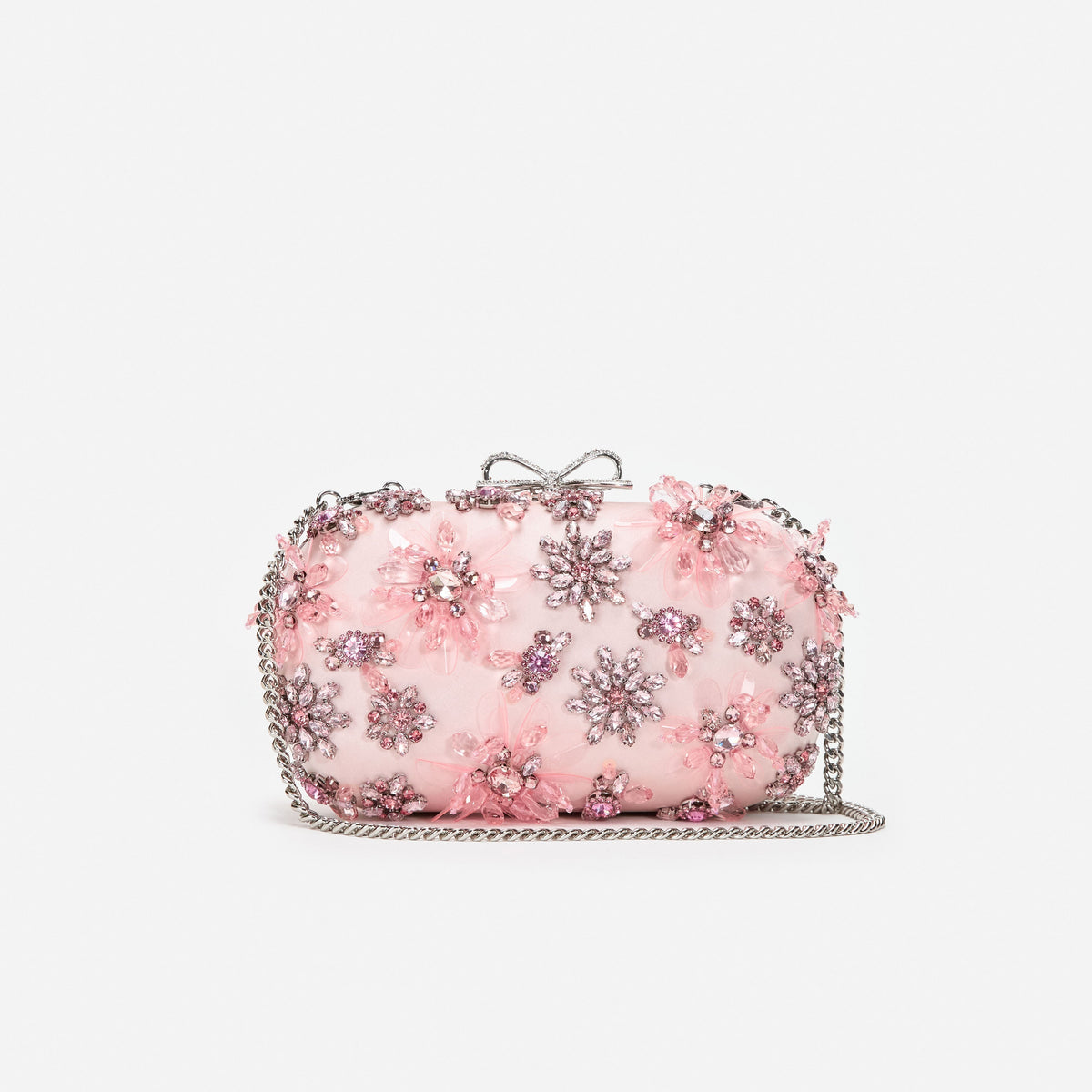 Pembe Saten Kristal Çiçekli Mini Clutch Çanta