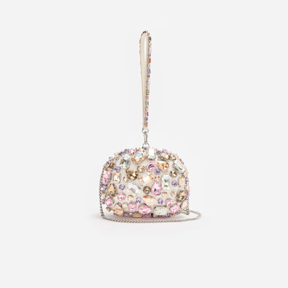 Çok Renkli Kristal ve Saten Detaylı Mini Clutch Çanta