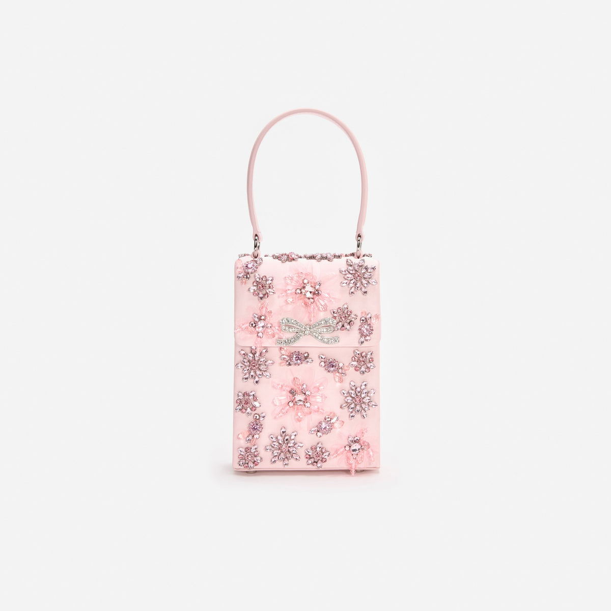 Pembe Saten Çiçek ve Kristal Detaylı Mini Çanta