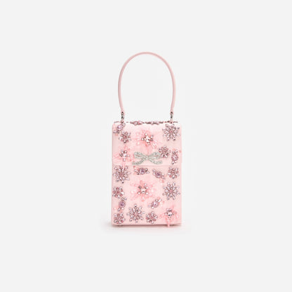 Pembe Saten Çiçek ve Kristal Detaylı Mini Çanta