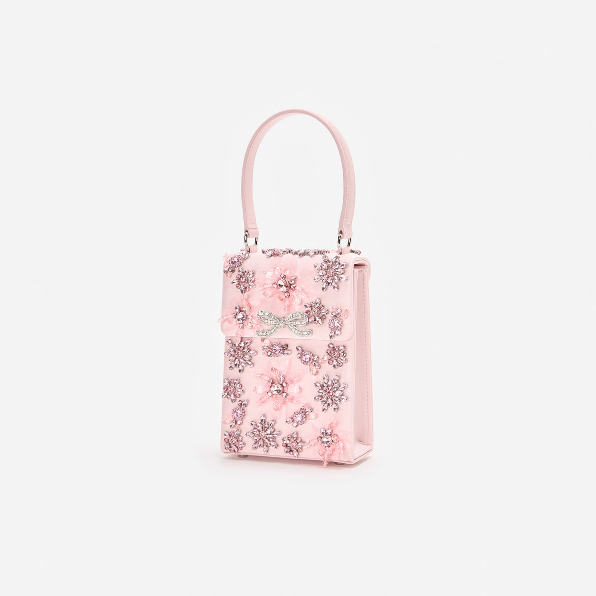 Pembe Saten Çiçek ve Kristal Detaylı Mini Çanta